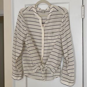 Joie navy and cream striped tie silk top